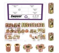 Swpeet 60Pcs M6×10/12/15/20 Color Zinc Plated Barrel Nuts with Threaded Inserts and T-Nuts Assortment Kit, Cross Dowels Slotted Nuts, 4-Pronged Tee Nut, Furniture Nut for Beds Crib Cabinets