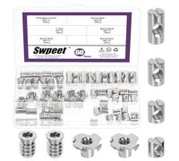 Swpeet 60Pcs M6×10/12/15/20 Nickel Plated Barrel Nuts with Threaded Inserts and T-Nuts Assortment Kit, Cross Dowels Slotted Nuts, 4-Pronged Tee Nut, Furniture Nut for Beds Crib Cabinets