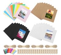 Swpeet 64Pcs Colorful 3 Inch Paper Photo Frames Set, Hanging Photo Display Frames, Cardboard Picture Frames, Colored/Khaki/White/Black Hanging Album Frame Each for 10Pcs, 20Pcs Clips, 4Pcs String