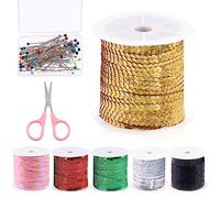 Swpeet 6mm 100 Yard Gold Flat Sequin Strip Teal Sequins Trim Paillette on a Roll and Map Push Pins with Scissors Assortment Kit, Fabric Metallic Stretch Teal Sequin Elastic Trim Embellishments