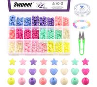 Swpeet 722Pcs Acrylic Beads Kit - 8 Candy Colors, 7/11mm, Star Heart Round Shapes - Colorful Plastic Loose Beads With Elastic Strings, Scissors for Girls Bracelets Jewelry Making DIY Crafts