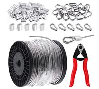 Swpeet 72Pcs 304 Stainless Steel Wire Rope Aircraft Bicycle Cable Cutter and 300ft Stainless Steel Wire Rope Deck Railing Cable, Cable Rope Cable Thimbles and Aluminum Crimping Loop Sleeve for Deck