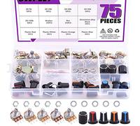 Swpeet 75Pcs B5K 10K 20K 50K 100K Ohm Knurled Shaft Linear Rotary Taper Potentiometer with 5 Different Kinds Knob(WH148) Kit for Tinkering