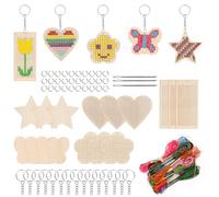 Swpeet 78Pcs 5 Shapes Wooden Cross Stitch with Keychain, Jump Ring, Thread and Needles Assortment Kit, Wood Sewing Kit for Beginners, Crafts Needle Embroidery Kit for DIY Hanging Decor Gift