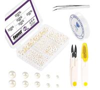 Swpeet 800Pcs 5 Sizes 4mm 6mm 8mm 10mm 12mm White Perforated Pearl Beads and Scissors Tweezers with 0.8mm Elastic Bead Thread Assortment Kit, Craft Beads Loose Pearls for Jewelry Making, Crafts