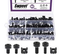 Swpeet 80Packs 4 Sizes M5 M6 Black Computer Mount Cage Nuts and Screws with Metal & Plastic Washers Assortment Kit, Square Hole Hardware Cage Nuts & Mounting Screws Washers