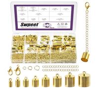 Swpeet 840Pcs 8 Sizes Gold Brass Cord End Cap with Lobster Clasps, Jump Rings and Chains Kit, Leather Ends Caps, Column End Cap Terminators, Leather Cords Ends Bead Cap for DIY Jewelry Making
