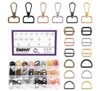 Swpeet 90Pcs 6 Colors 20MM Metal D Ring & Rectangle Adjuster Triglides Slides Buckle & D Ring Swivel Lobster Clasp Kit, Semi-Circular D Rings Roller Pin Buckles Swivel Snap Hook for Belt DIY Crafts