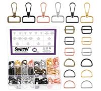Swpeet 90Pcs 6 Colors 25MM Metal D Ring & Rectangle Adjuster Triglides Slides Buckle & D Ring Swivel Lobster Clasp Kit, Semi-Circular D Rings Roller Pin Buckles Swivel Snap Hook for Belt DIY Crafts