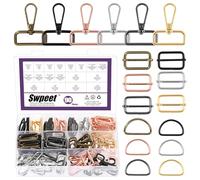 Swpeet 90Pcs 6 Colors 32MM Metal D Ring & Rectangle Adjuster Triglides Slides Buckle & D Ring Swivel Lobster Clasp Kit, Semi-Circular D Rings Roller Pin Buckles Swivel Snap Hook for Belt DIY Crafts