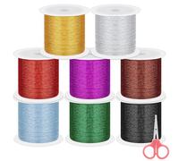 Swpeet 9Pcs 8 Colors 55 Yards Metallic Elastic Cords with Scissors, Metallic Cord Tinsel Rope, Metallic Stretch Cords Elastic Cords Ribbon for Craft Gift Wrapping Christmas Jewelry Making