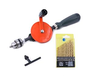 Swpeet Powerful Speedy Hand Drill 1/4-Inch Capacity with 13Pcs Drill Bit Set, Mini Hand Drill Manual ¼ inch with Finely Cast Steel Double Pinions Design, Chucks and Grip Handle for Woods, Plastics
