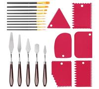 Swpeet Rose Red Plastic Scraper and Palette Knife with Pearlescent Brush Painting Tool Set, 5 Pieces Palette Knives, 6 Pieces Scraper Knife and 10 Pieces Pearlescent Brush, Art Accessories for Oil