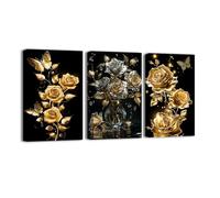 SWQYLB Black and Gold Wall Art 3 Pieces Golden Rose Butterfly Canvas Print Abstract Flower Painting Sparkling Floral Picture For Home Decor Framed (Gold, 12.00" x 16.00" x 3PCS)
