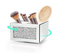 SWTHONY 360 Rotating Makeup Brush Holder Organizer, Silver Bling 4 Slot Crushed Diamond Glass Mirrored Cosmetic Brushes Storage, Eyeliners Eyebrow Pencil Display Case