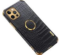 SWTKO Genuine Leather Case for Iphone 14 Pro Max Case Luxury Crocodile Ultra Thin Alligator Grain Shockproof Business Protective Case with Ring Stand,Black,For 14