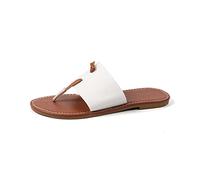 SWTKO Ladies Women's Summer Round Clip Toe Sandals Faux Leather Flat Flip Flops Comfortable Slip-On Slipper Thong Sandals Casual Beach Shoes,White,US11/EU42
