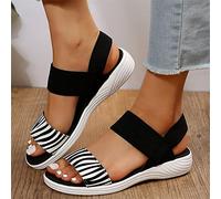 SWTKO Sport Sandals for Women Ladies Zebra Print Flat Sneaker Sandals Lightweight Stretch Ankle Strap Beach Shoes Summer Outdoor Slip on Walking Shoes,Black,US8/EU39