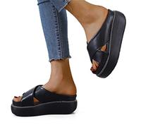 SWTKO Women's Criss Cross Platform Sandals Summer Ladies Open Toe Wedge Slip on Mules Slippers Sandals Comfortable Casual Beach Walking Shoes,Black,US9/EU40