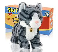 SWTOIPIG Interactive Plush Cat Toys for Kids, Reliable Robotic Electronic Cats Sound and Touch Control, Realistic Soft Plush Toy Cat That Walks and Meow Box, Kitty Toys Gift Gray