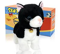 SWTOIPIG Interactive Plush Cat Toys for Kids, Reliable Robotic Electronic Cats Sound and Touch Control, Realistic Soft Plush Toy Cat That Walks and Meow Box, Kitty Toys Gift Black
