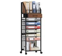 SWTYMIKI 9-Tier Rolling File Cart - Wood Desk Office Organiser with Drawer & Trays, Under Desk Storage for A4/Letter, Mobile Filing Cart with Fabric Drawers for School Home Office Organisation