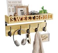 SWTYMIKI Coat Hooks Wall Mounted with Sweet Home Decor, Coat Rack for Wall with 5 Double Metal Hooks, Wood Coat Wall Hook for Hanging Hats, Clothes in Entryway, Living Room, Bedroom, Natural