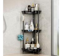 SWTYMIKI Corner Shower Caddy Standing - 3 Tier Floor Standing Shower Organizer with 4 Hooks, Plastic Metal Splicing Rustproof Corner Stand Bathroom Shelf Storage Rack for Bathroom, Bathtub, Black