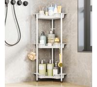 SWTYMIKI Corner Shower Caddy Standing - 3 Tier Floor Standing Shower Organizer with 4 Hooks, Plastic Metal Splicing Rustproof Corner Stand Bathroom Shelf Storage Rack for Bathroom, Bathtub, White