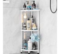 SWTYMIKI Corner Shower Caddy Standing - 3 Tier Stainless Steel Shower Organizer Stand with 4 Hooks & Soap Holder, Rustproof Metal Standing Tall Floor Bathroom Shelf and Bathroom Organizer, White