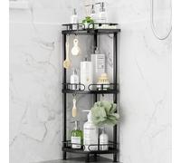SWTYMIKI Corner Shower Caddy Standing - 3 Tier Stainless Steel Shower Organizer Stand with 4 Hooks & Soap Holder, Rustproof Metal Standing Tall Floor Bathroom Shelf and Bathroom Organiser, Black