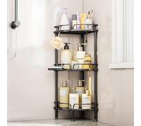 SWTYMIKI Freestanding Shower Caddy Corner - 3 Tier Corner Shower Storage Organiser with 4 Hooks, Rust Free Standing Bathroom Corner Shelves no Drilling with Soap Holder, Black