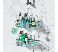 SWTYMIKI Hanging Shower Caddy Organiser - 2-Tier Stainless Steel Shower Shelf Hanging, No Drilling Installation, Bathroom Shelf Organiser with Razor & Soap Holder for Bath Balls, Brushes, Shampoo