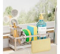 SWTYMIKI Kitchen Sink Caddy Organiser - Sink Tidy Organiser with Auto Draining Tray, Brush Holder, Stainless Steel Sponge Holder with Divider for Countertop Kitchen Storage, Sand Nickel