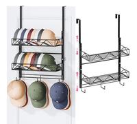 SWTYMIKI Over Door Hat Rack - 3 Tier Wall Mounted Hat Rack with 2 Adjustable Metal Basket and 3 Hooks, Hanging Baseball Cap Organizer Storage Holds up to 29 Caps for Door, Bedroom, Closet, Black