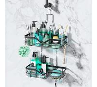 SWTYMIKI Rust-Resistant Hanging Shower Caddy - 2-Tier Bathroom Organizer Shelf with Razor Holder, Soap Dish & Multiple Hooks | Includes 3 Screw Adhesives (Black)