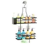 SWTYMIKI Shower Caddy Hanging Organiser- 2-Tier No-Drill Bathroom Shelf Organiser with 360° Rotatable Top Hook & 4 Hooks, Adjustable Bathroom Storage Shower Shelf Hanging for Shampoo and Conditioner