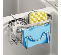 SWTYMIKI Sponge Holder for Kitchen Sink - Movable Kitchen Caddy with M-Shaped Hook, Stainless Steel Hanging Sponge Caddy for Dish Sponge, Brush, Sink Stopper Organizer in Double Bowl Basin, Silver