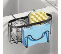 SWTYMIKI Sponge Holder for Kitchen Sink - Movable Kitchen Caddy with M-Shaped Hook, Stainless Steel Hanging Sponge Caddy for Dish Sponge, Brush, Sink Stopper Organizer in Double Bowl Basin, Black