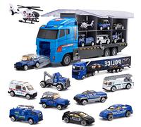 SWUNXION Police Die-Cast Transport Truck(10 in 1), Mini Play Vehicle in Carrier Car Toy Set, Double Side Transport Vehicle Mini Cars for Kid Child Girl Boy Play Birthday Party Favors Christmas