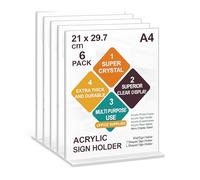 SWYFT ESSENTIALS A4 T-Shaped Acrylic Sign Holder - Pack of 6 Double Sided Display Stands for Menus, Promotions & Photos - Clear Holders for Office, Stores, Restaurants, and Events