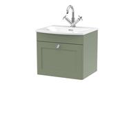 Swynnerton Traditional 1 Drawer Wall Hung Vanity Unit with Basin, Satin Green, 500mm
