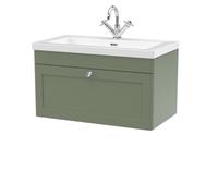 Swynnerton Traditional 1 Drawer Wall Hung Vanity Unit with Fireclay Basin, Satin Green, 800mm