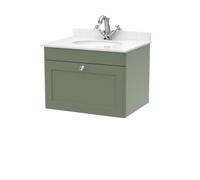 Swynnerton Traditional 1 Drawer Wall Hung Vanity Unit with Marble Basin, Satin Green, 600mm