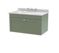 Swynnerton Traditional 1 Drawer Wall Hung Vanity Unit with Marble Basin, Satin Green, 800mm