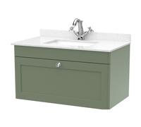 Swynnerton Traditional 1 Drawer Wall Hung Vanity Unit with Marble Basin, Satin Green, 800mm