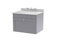Swynnerton Traditional 1 Drawer Wall Hung Vanity Unit with Marble Basin, Satin Grey, 600mm