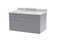 Swynnerton Traditional 1 Drawer Wall Hung Vanity Unit with Marble Basin, Satin Grey, 800mm