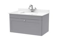 Swynnerton Traditional 1 Drawer Wall Hung Vanity Unit with Marble Basin, Satin Grey, 800mm