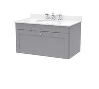 Swynnerton Traditional 1 Drawer Wall Hung Vanity Unit with Marble Basin, Satin Grey, 800mm